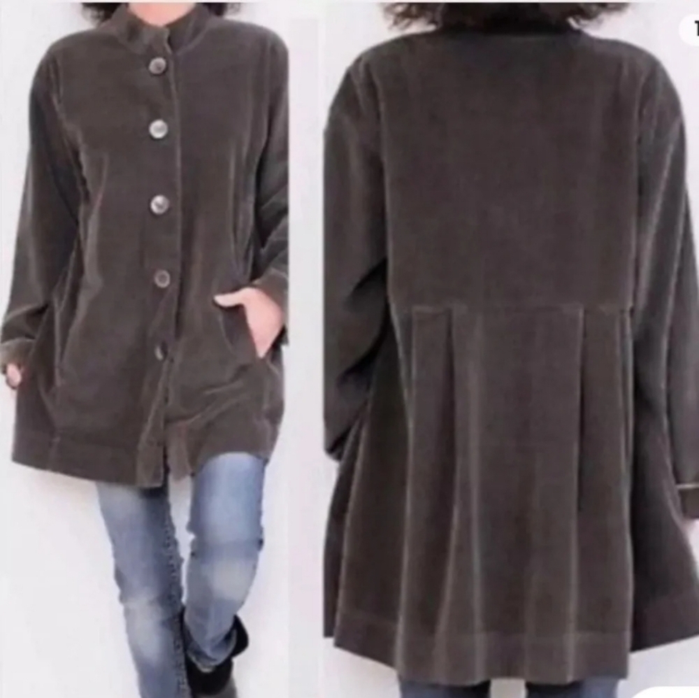 EUC J.JILL OLIVE GREEN PREPPY CORDUROY PEPLUM BACK MANDARIN COLLAR CHORE COAT LT